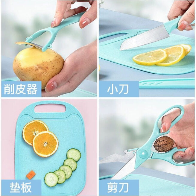 Conjunto 4 Peças para Cozinha: Faca, Tesoura, Descascador e Tábua – (K-208) – Cores Sortidas