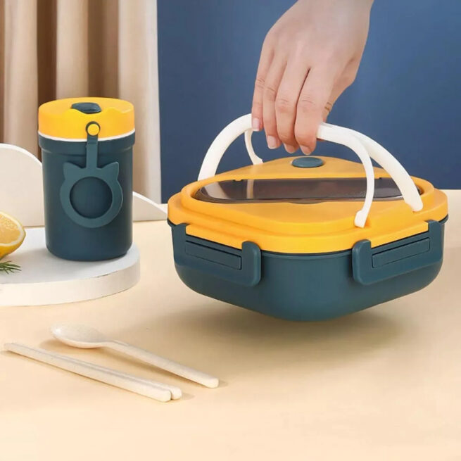 Marmita com Alça e Talheres 1300ml – Amarelo e Azul – Praticidade para Refeições