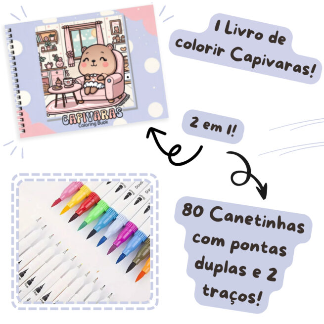 (Transparente) Kit Livro Colorir CAPIVARA (Roxo) + 80 Canetas - Com Maletinha