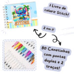 Kit Livro Kids Colorir Lilo Stitch (Azul) + 80 Canetas - Com Maletinha