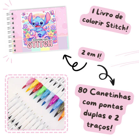 Kit Livro Kids Colorir Lilo Stitch (Rosa) + 80 Canetas - Com Maletinha