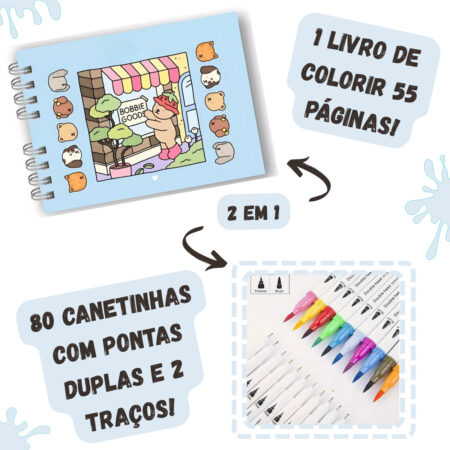 Kit Livro Colorir Bobbie Goods (Azul) + 80 Canetas - Com Maletinha
