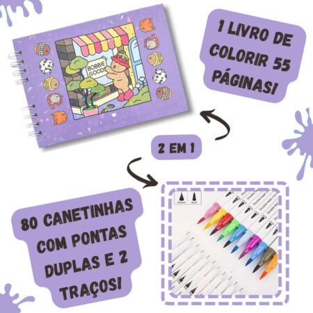 Kit Livro Colorir Bobbie Goods (Roxo) + 80 Canetas - Com Maletinha