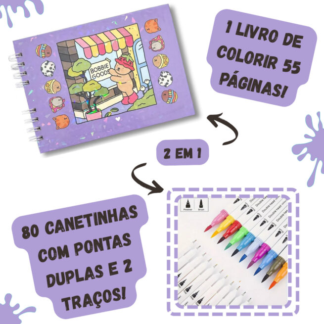 Kit Livro Colorir Bobbie Goods (Roxo) + 80 Canetas - Com Maletinha