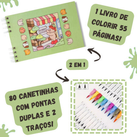 Kit Livro Colorir Bobbie Goods (Verde) + 80 Canetas - Com Maletinha