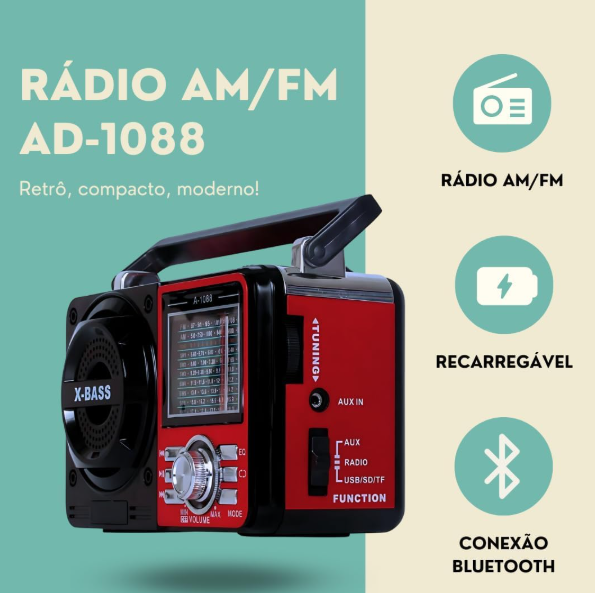 Rádio AM/FM Retrô Vintage Portátil – Modelo Avó Avô Y1088BT