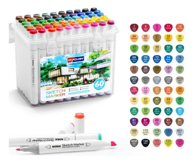 Conjunto de Canetas Coloridas Ponta Dupla 60 Peças com Estojo – Versão Preto ou Branco – Para Escrita e Arte