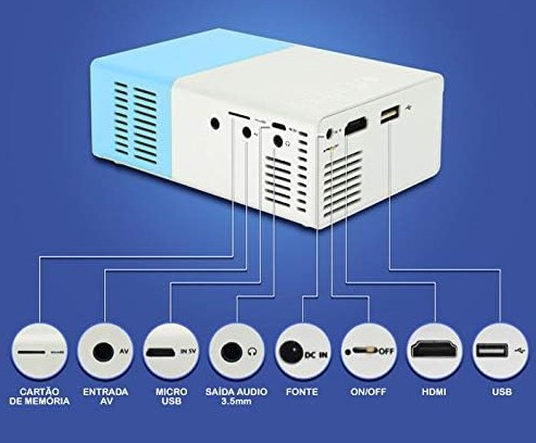Mini Projetor Portátil LED 1080p Azul/Branco com Saída HDMI Bivolt – 600 Lumens