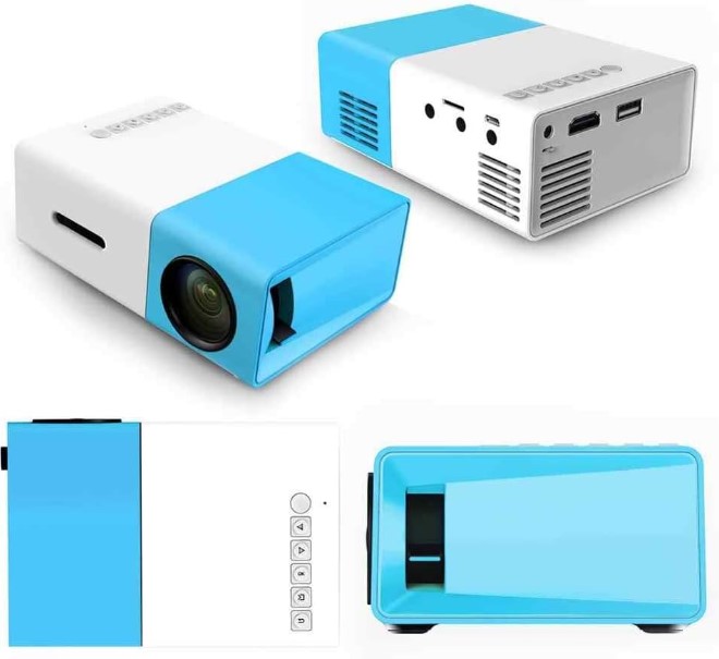 Mini Projetor Portátil LED 1080p Azul/Branco com Saída HDMI Bivolt – 600 Lumens