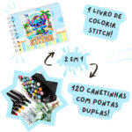 Kit Livro Colorir Lilo Stitch Azul com 120 Canetas – Tema Filme – Criatividade Garantida