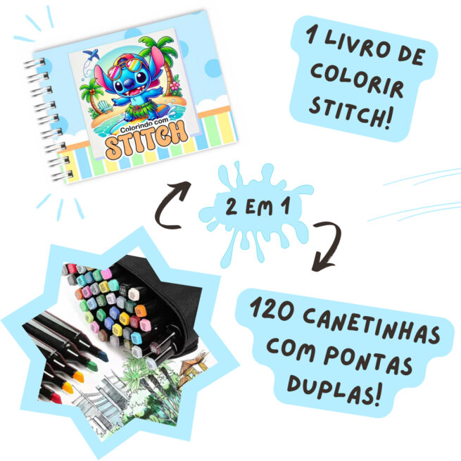 Kit Livro Colorir Lilo Stitch Azul com 120 Canetas – Tema Filme – Criatividade Garantida