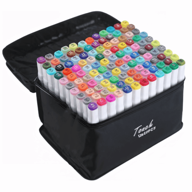 Conjunto de Canetas Coloridas Ponta Dupla 120 Peças com Estojo – Versão Preto ou Branco