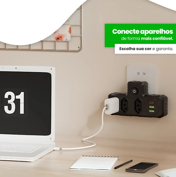 Adaptador de Tomada Benjamin (T) com USB-A e USB-C Bivolt BM-8704A – Versatilidade e Segurança