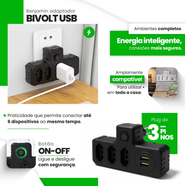 Adaptador de Tomada Benjamin (T) com USB-A e USB-C Bivolt BM-8704A – Versatilidade e Segurança