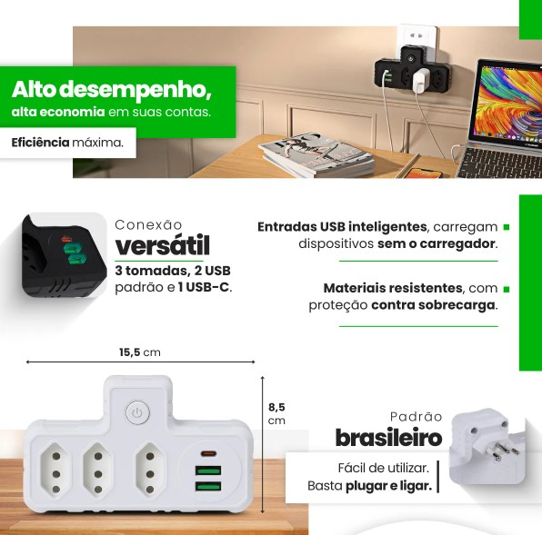 Adaptador de Tomada Benjamin (T) com USB-A e USB-C Bivolt BM-8704A – Versatilidade e Segurança