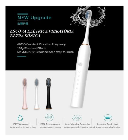 Escova Dental Elétrica X-3 com 6 Modos de Vibração Ultrassônica Bivolt - Cores Sortidas