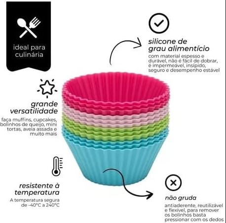 Conjunto 12 Formas de Silicone para Mini Cupcake, Bolo, Muffin e Pão de Queijo – Assadeira para Airfryer e Forno – BM-F956