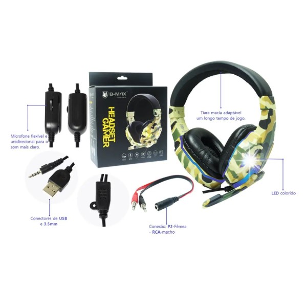 Headset Gamer Exército Camuflado com LED – Compatível Xbox One, PS4, Celular e PC – BM-218 (Cores Sortidas)