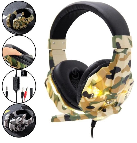 Headset Gamer Exército Camuflado com LED – Compatível Xbox One, PS4, Celular e PC – BM-218 (Cores Sortidas)