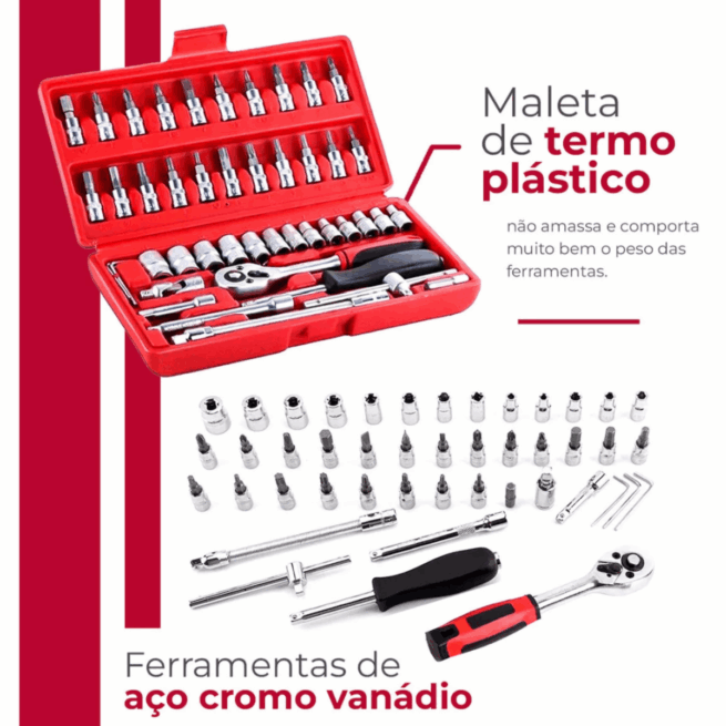 Jogo de Ferramentas 46 Peças com Soquete 1/4, Catraca e Maleta – Vermelha