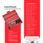 Jogo de Ferramentas 46 Peças com Soquete 1/4, Catraca e Maleta – Vermelha