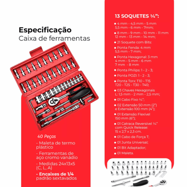 Jogo de Ferramentas 46 Peças com Soquete 1/4, Catraca e Maleta – Vermelha