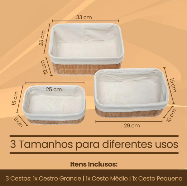 Conjunto 3 Cestos Organizadores Multiuso de Bambu com Forro BM-F1101