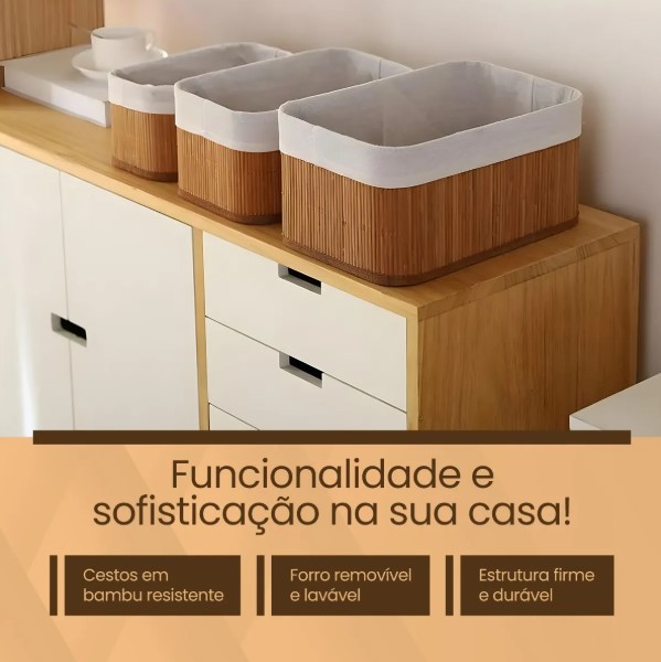Conjunto 3 Cestos Organizadores Multiuso de Bambu com Forro BM-F1101