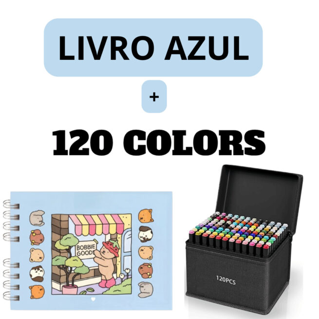 Kit Livro para Colorir Bobbie Goods (Azul) + 120 Canetas Coloridas