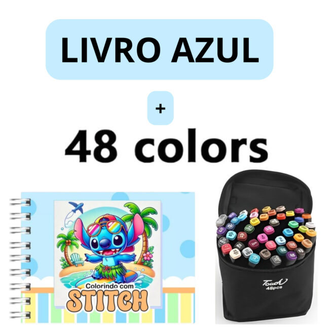 Kit Livro Colorir Lilo Stitch Azul com 48 Canetas – Criatividade Sem Limites