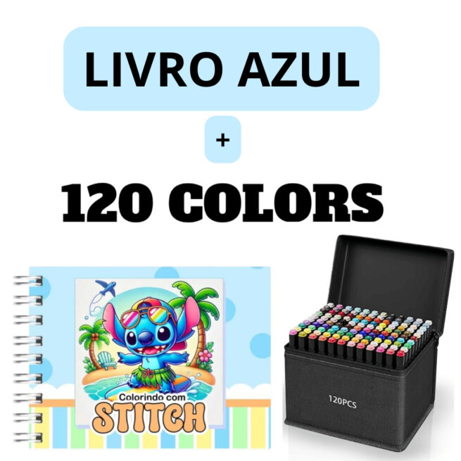 Kit Livro Colorir Lilo Stitch Azul com 120 Canetas – Tema Filme – Criatividade Garantida
