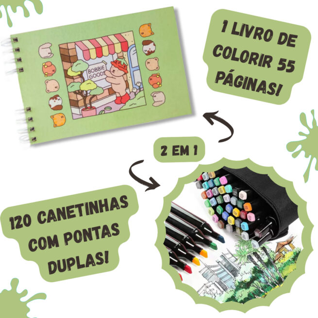 Kit Livro para Colorir Bobbie Goods (Verde) + 120 Canetas Coloridas