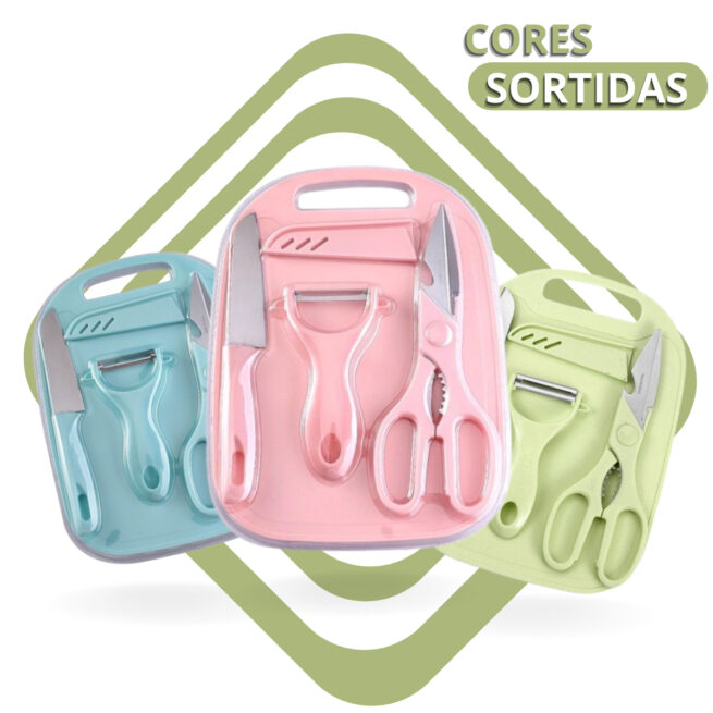 Conjunto 4 Peças para Cozinha: Faca, Tesoura, Descascador e Tábua – (K-208) – Cores Sortidas