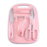 Conjunto 4 Peças para Cozinha: Faca, Tesoura, Descascador e Tábua – (K-208) – Cores Sortidas