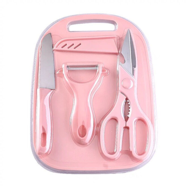 Conjunto 4 Peças para Cozinha: Faca, Tesoura, Descascador e Tábua – (K-208) – Cores Sortidas