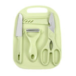 Conjunto 4 Peças para Cozinha: Faca, Tesoura, Descascador e Tábua – (K-208) – Cores Sortidas