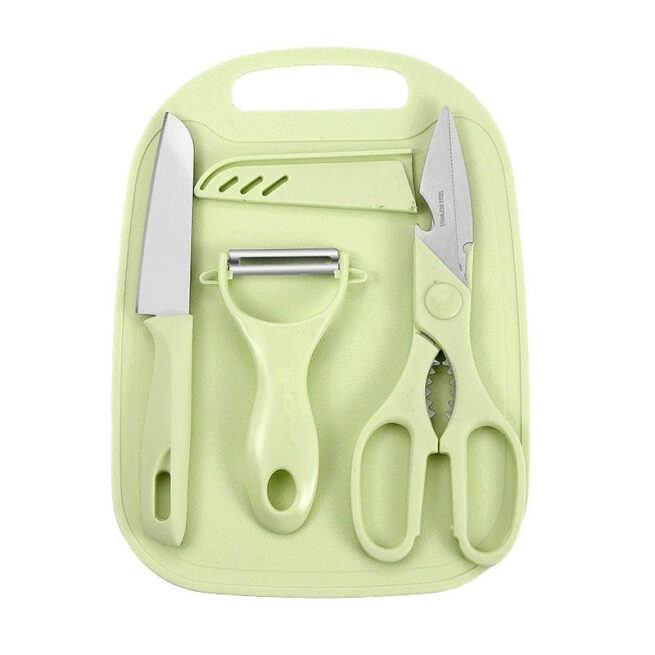 Conjunto 4 Peças para Cozinha: Faca, Tesoura, Descascador e Tábua – (K-208) – Cores Sortidas