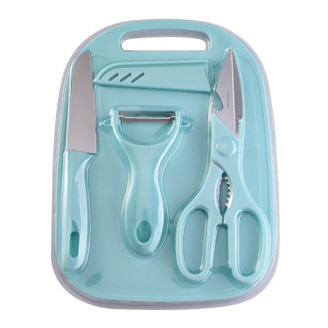 Conjunto 4 Peças para Cozinha: Faca, Tesoura, Descascador e Tábua – (K-208) – Cores Sortidas
