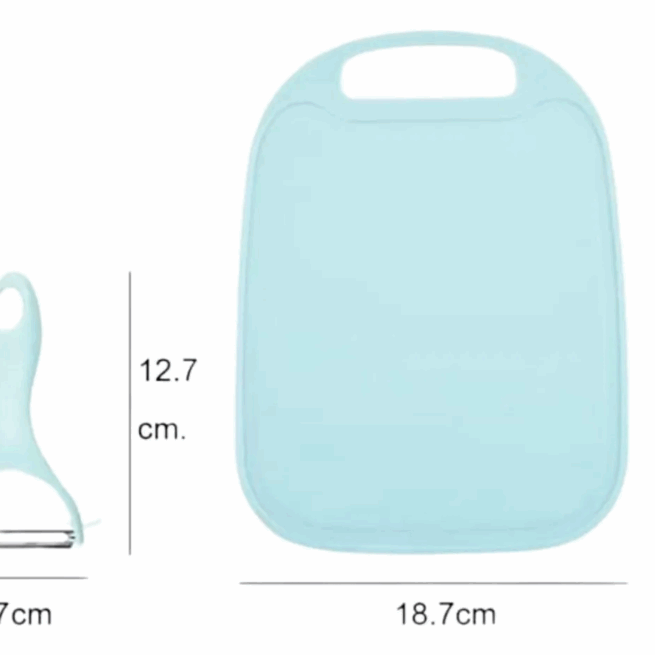 Conjunto 4 Peças para Cozinha: Faca, Tesoura, Descascador e Tábua – (K-208) – Cores Sortidas