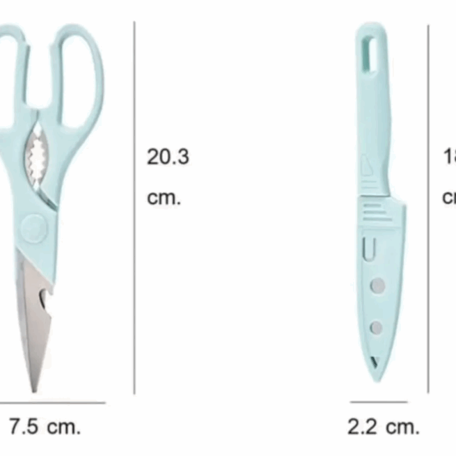 Conjunto 4 Peças para Cozinha: Faca, Tesoura, Descascador e Tábua – (K-208) – Cores Sortidas