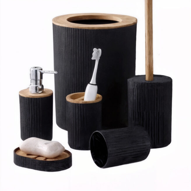 Conjunto de Acessórios para Banheiro em Bambu 6 Peças – Preto – Elegância e Sustentabilidade – BM-F1080A