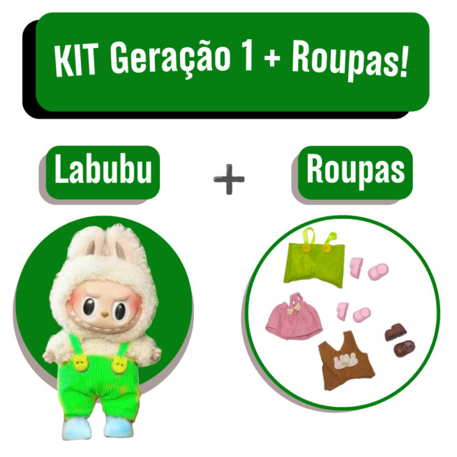 Kit Geração 1 com Caixa e Roupas – Labubu Monstros Mini Pelúcias Colecionáveis + Roupa – Sortidos