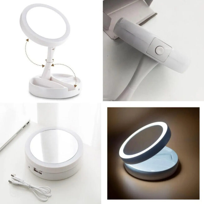 Espelho de Mesa LED para Maquiagem Dobrável – Branco