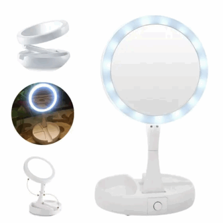 Espelho de Mesa LED para Maquiagem Dobrável – Branco