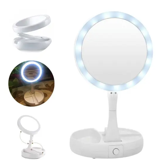 Espelho de Mesa LED para Maquiagem Dobrável – Branco