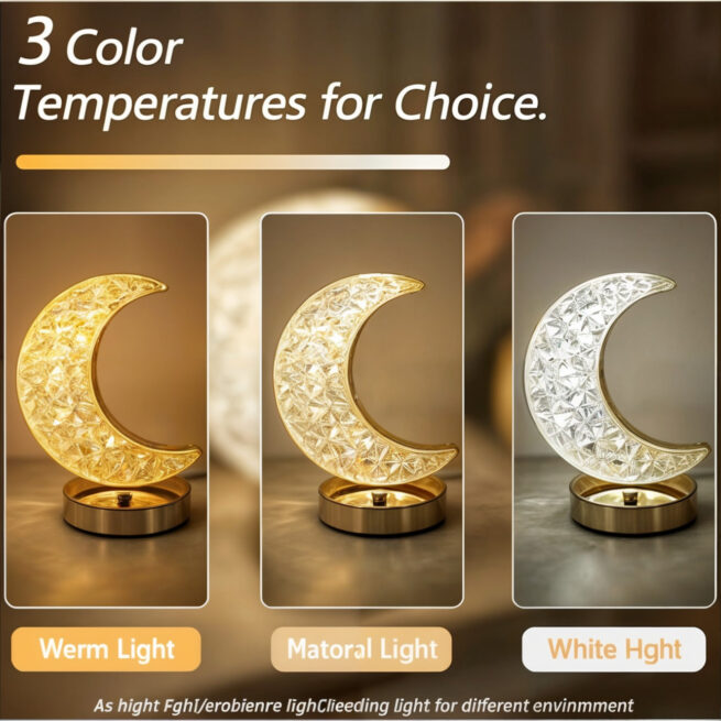 Luminária Abajur Cristal LED Touch Recarregável USB – Lua – Design Elegante