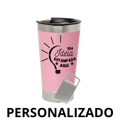 Copo Térmico Inox Personalizado 473 ml com Tampa e Abridor – Rosa – Design Moderno