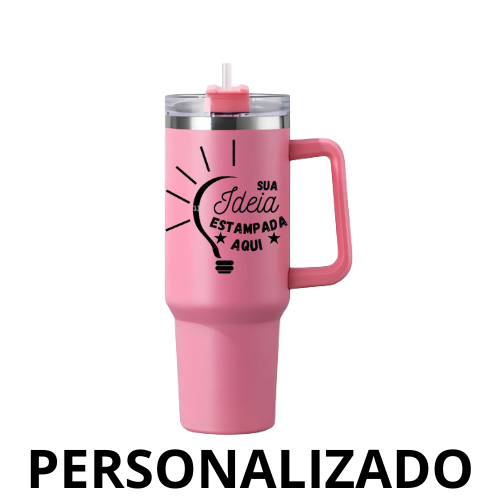 Personalizado - Copo Caneca Térmica Inox 1200 ml com Alça e Canudo – Rosa – Elegância e Funcionalidade