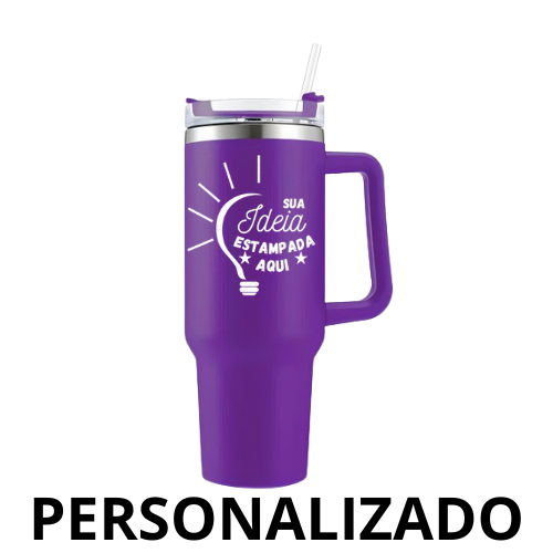 Copo Caneca Térmica Inox com Alça e Canudo 1200 ml - Roxo (Personalizado)