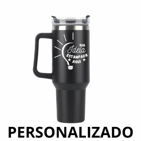 Copo Caneca Térmica Inox 1200 ml com Alça e Canudo – Preto Personalizado – Conservação Térmica